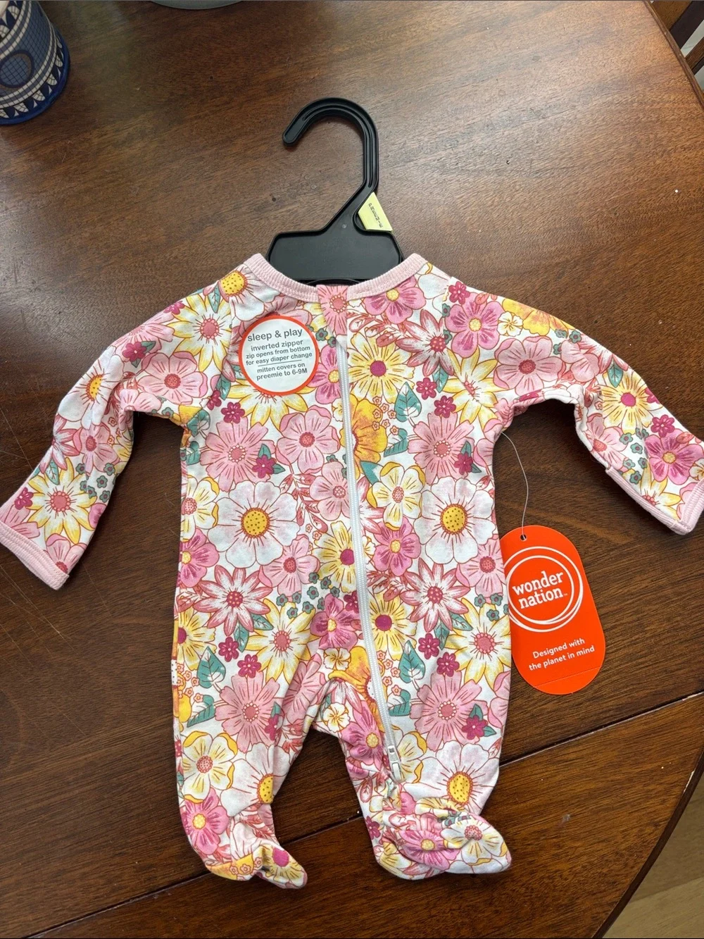 Wonder Nation Pink Floral Zip Footed One-Piece for Kids